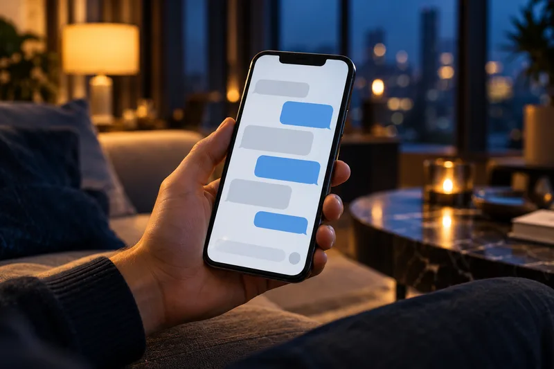 Smartphone affichant une conversation, dans un salon de nuit
